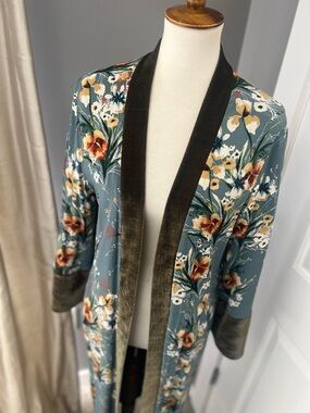 ZARA Floral Velvet-Trim Long Women's Coatigan - Teal Floral